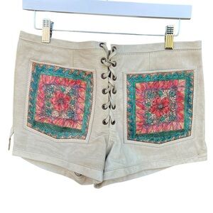VTG 70s Char Leather Hand Painted Festival Shorts OOAK Lace-Up Boho Indie Floral